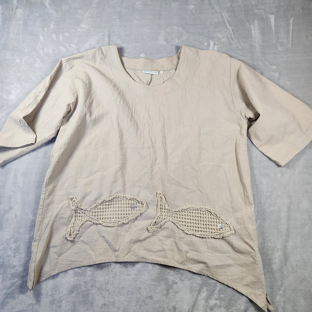 LULU-B Women's Size Large Tan Applique Fish 100% Crinkle Cotton Tunic Top
